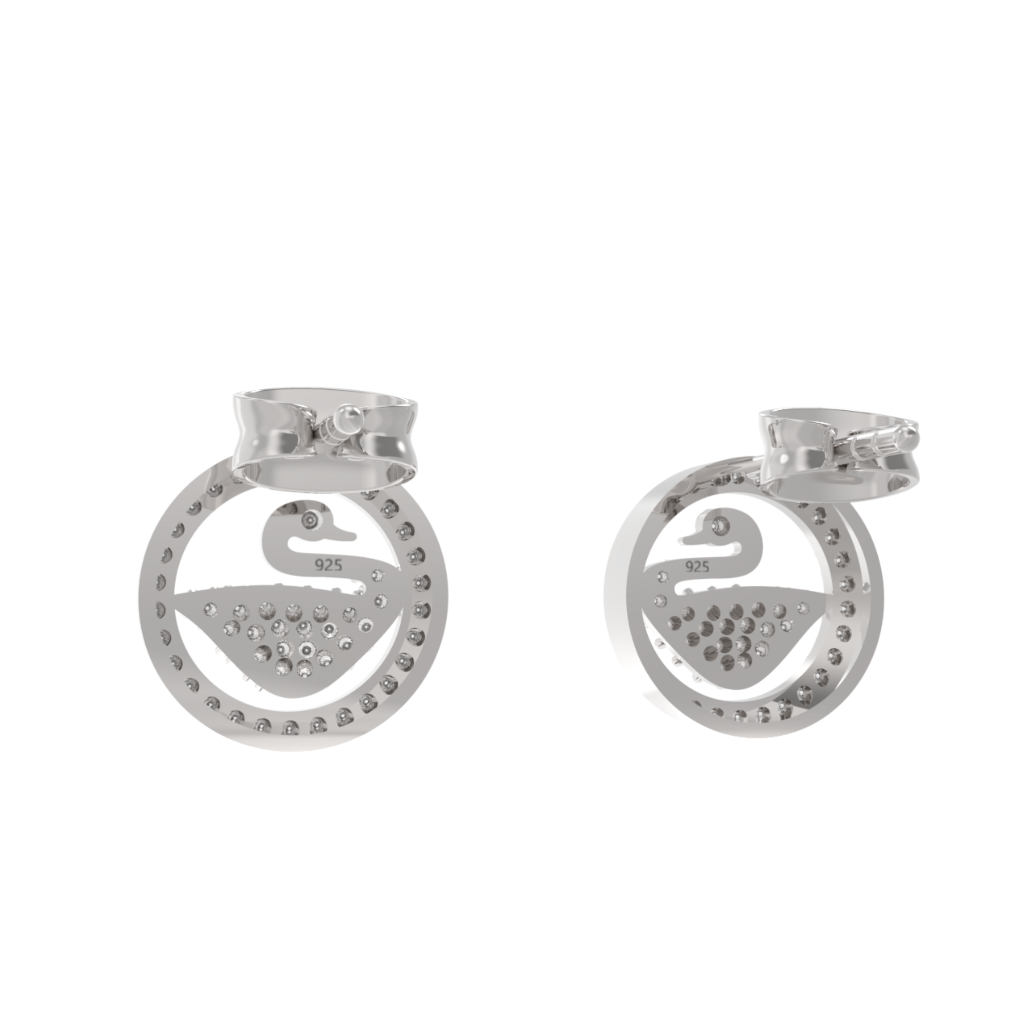 Swan Accent Round Stud Earrings, Hallmarked 925 Sterling Silver
